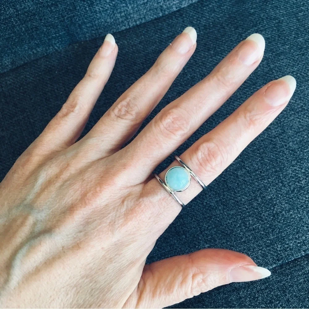Bohemian Blue Stone Silver Fashion Ring, Size 9